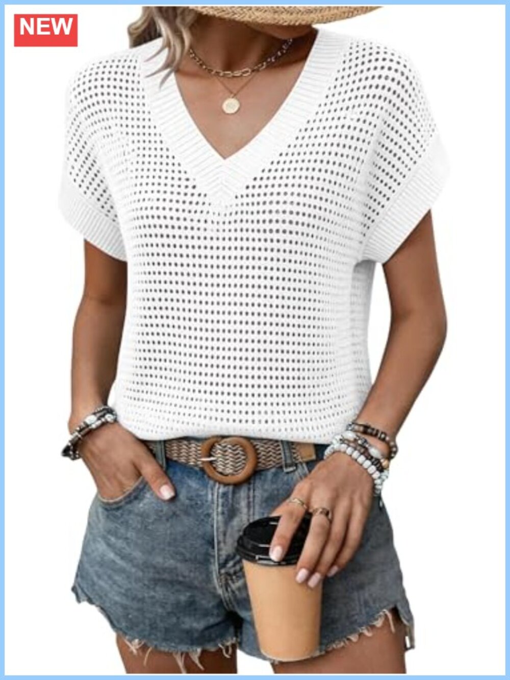 Women's Crochet Sweater Vest Cap Sleeve V-Neck Hollow Out Summer Cover Up